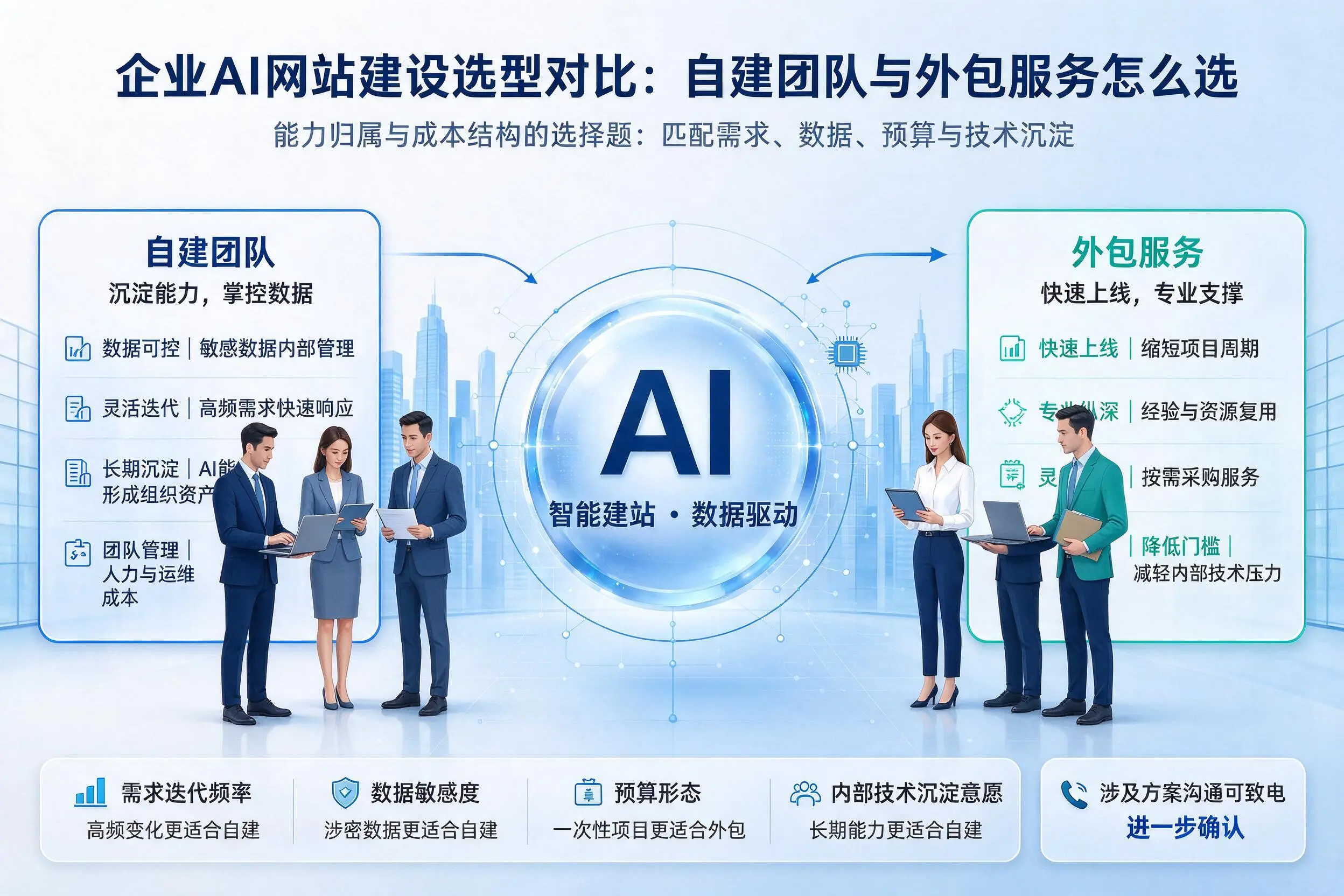 玉林企业AI网站建设选型对比:自建团队与外包服务怎么选